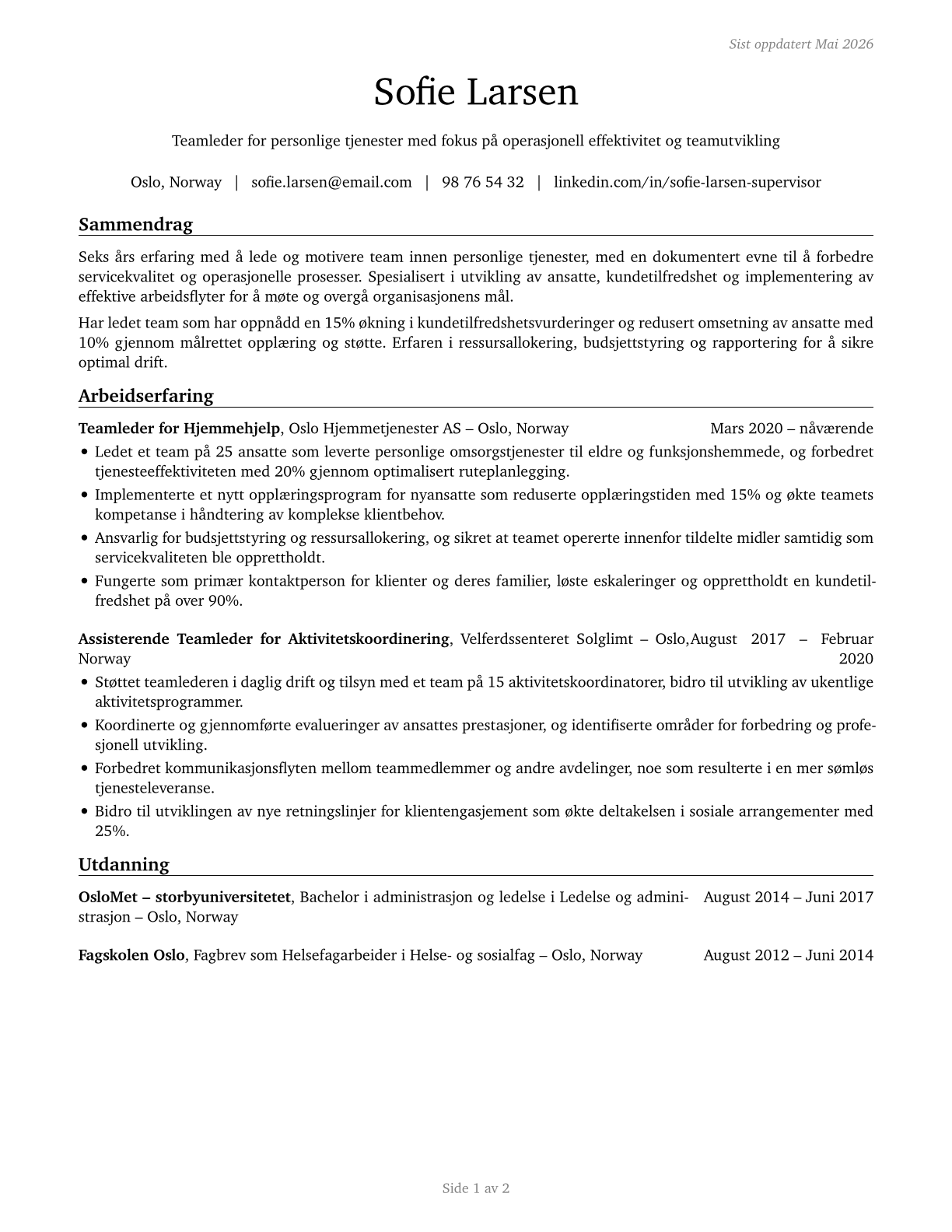 First-Line Supervisors of Personal Service Workers CV in Norwegian_bokmal — page 1