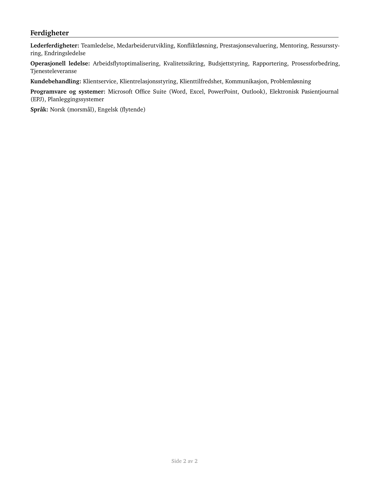 First-Line Supervisors of Personal Service Workers CV in Norwegian_bokmal — page 2