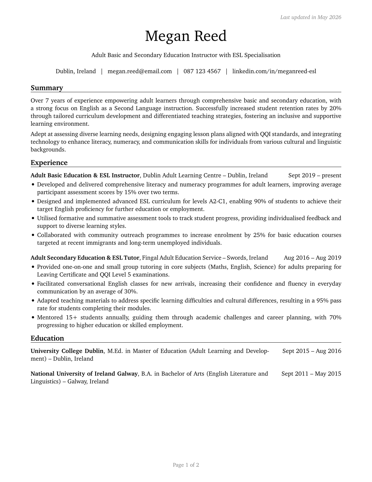 Adult Basic Education, Adult Secondary Education, and English as a Second Language Instructors CV in English — page 1
