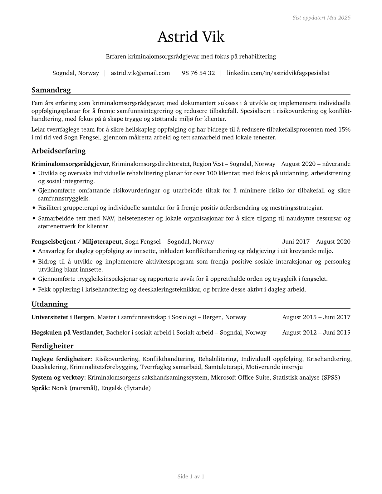 Probation Officers and Correctional Treatment Specialists CV in Norwegian_nynorsk — page 1