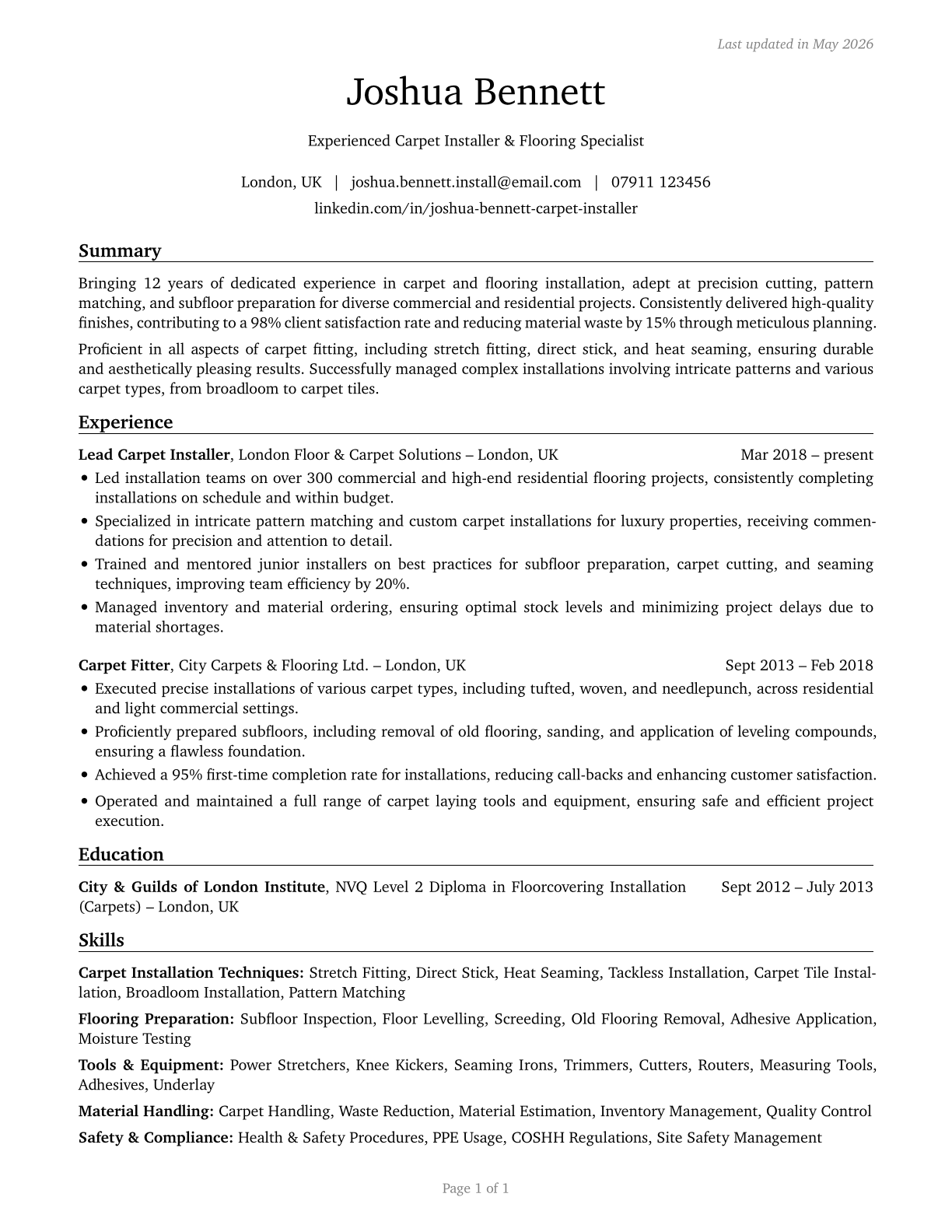 Carpet Installers CV in English — page 1