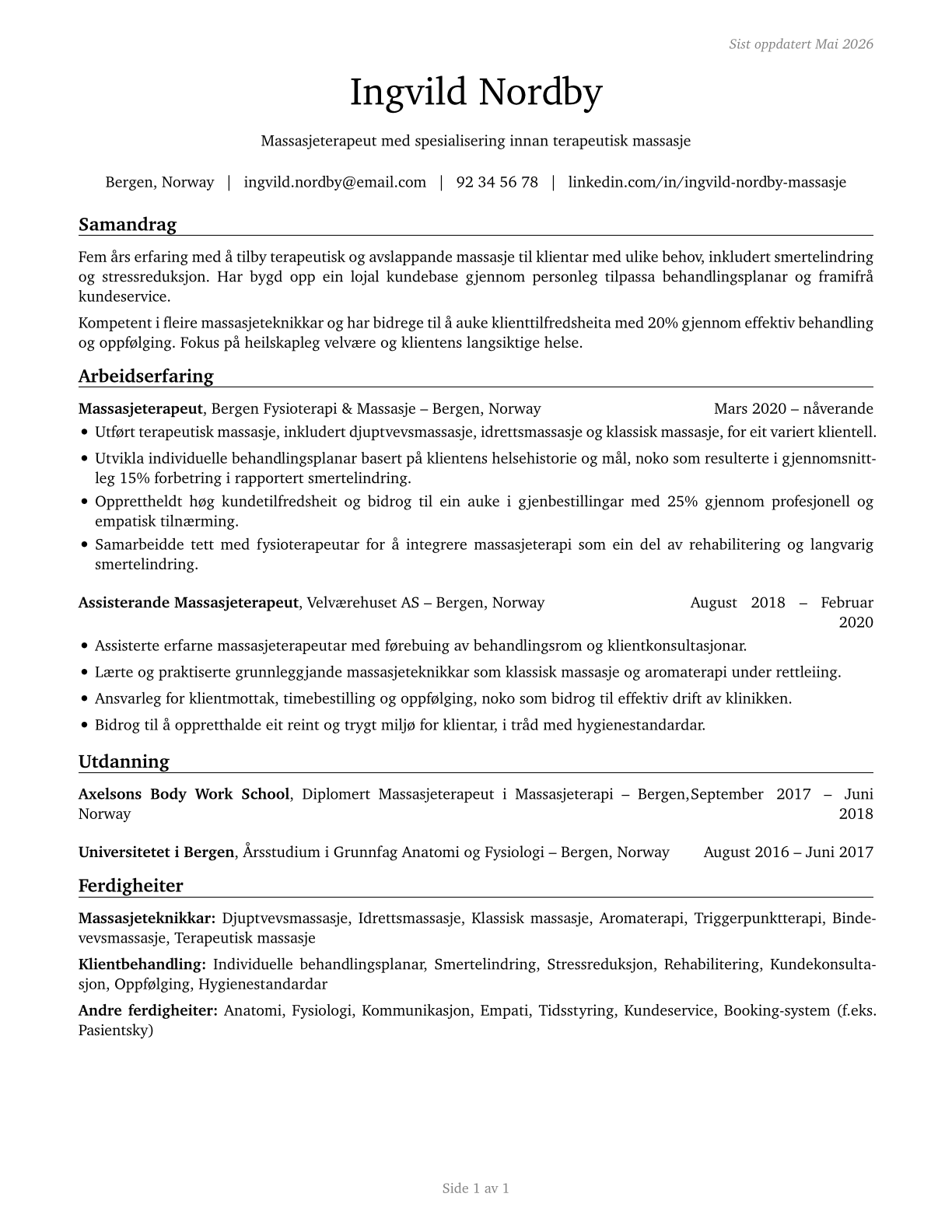 Massage Therapists CV in Norwegian_nynorsk — page 1