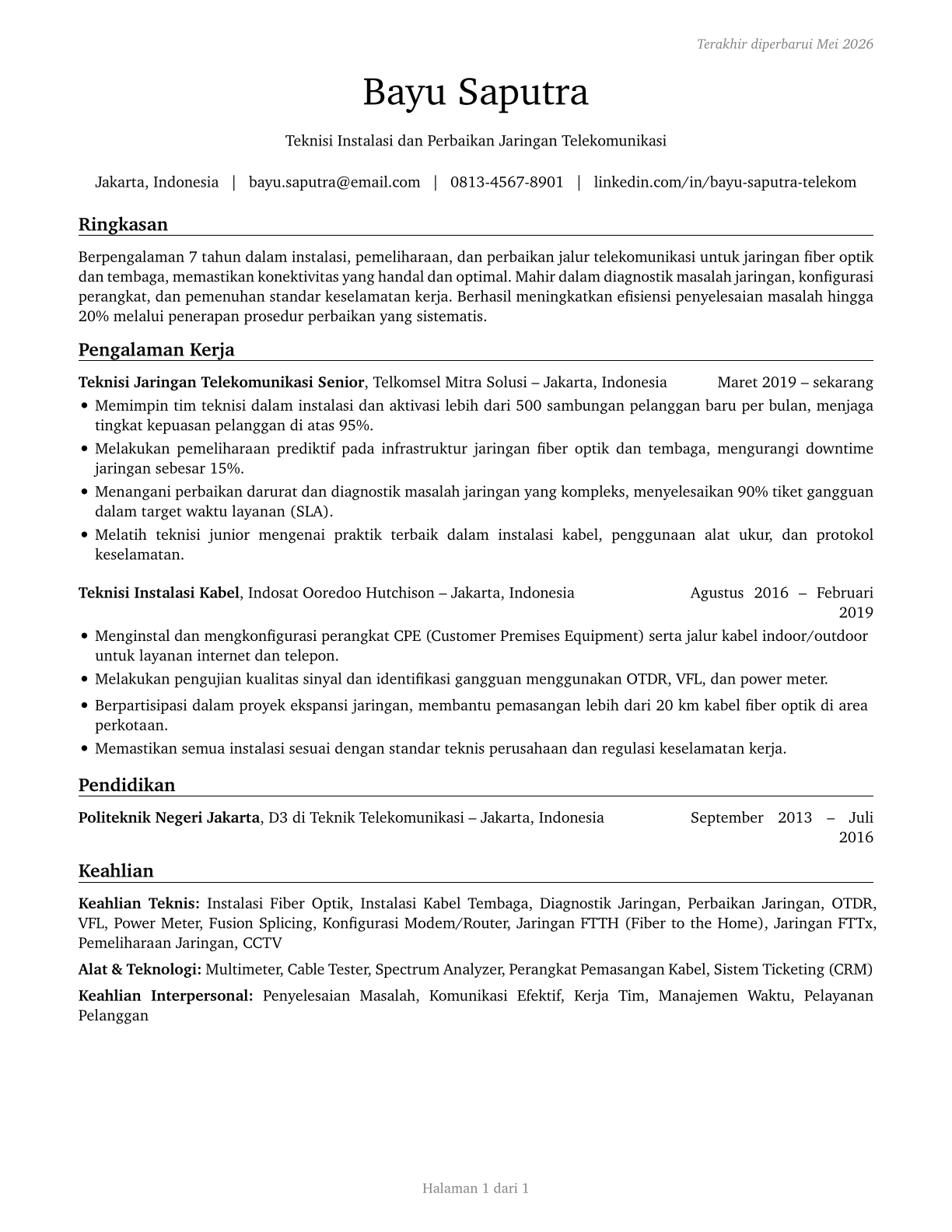 Telecommunications Line Installers and Repairers CV in Indonesian — page 1