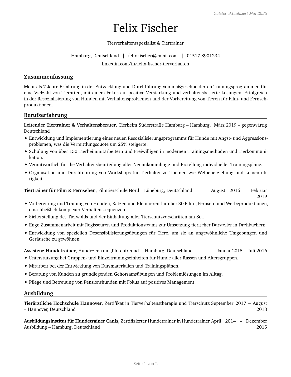 Animal Trainers CV in German — page 1