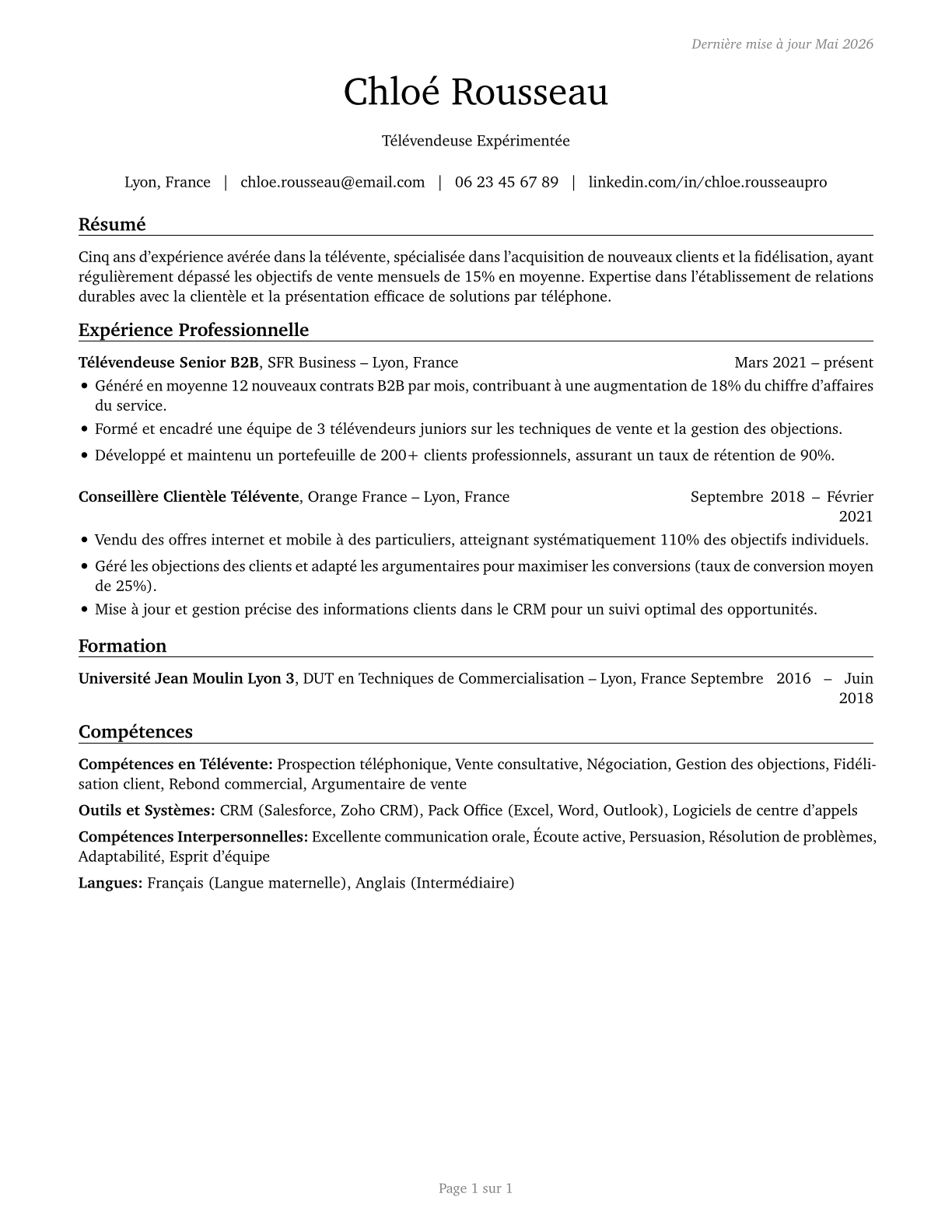 Telemarketers CV in French — page 1