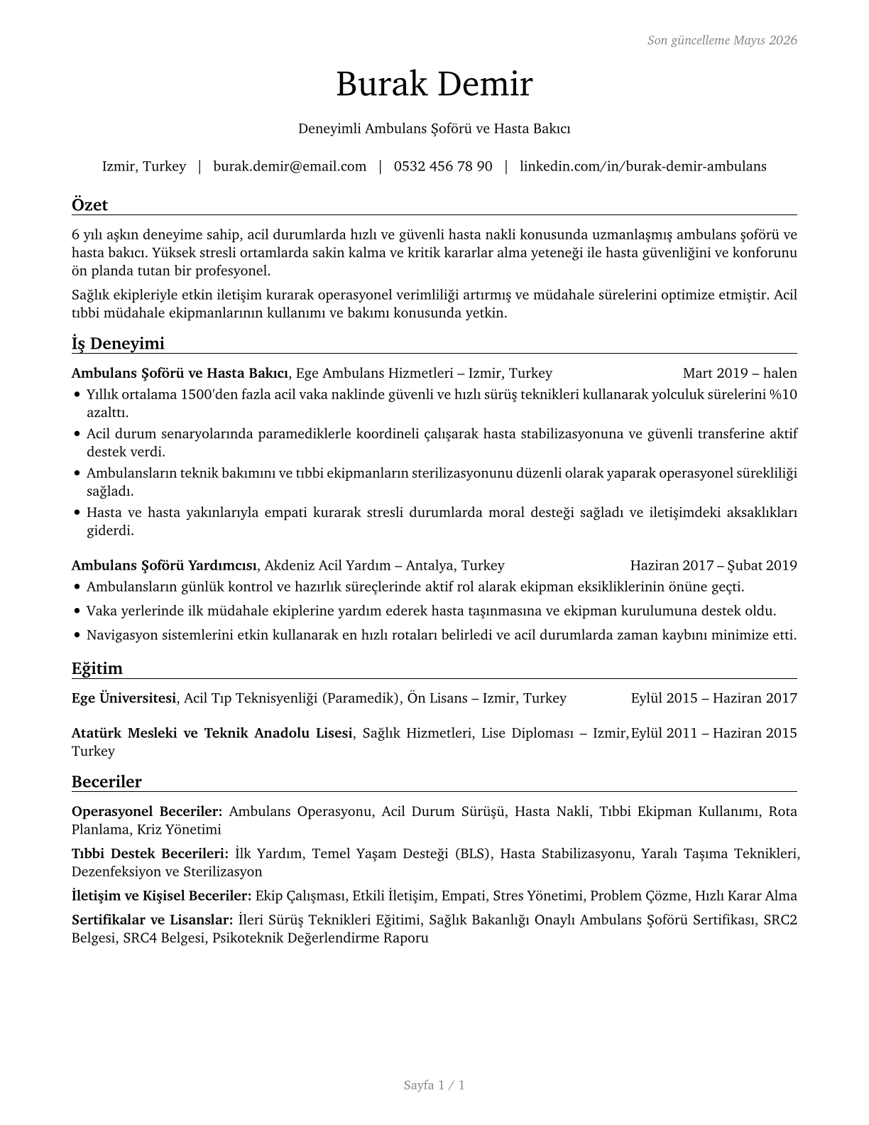Ambulance Drivers and Attendants, Except Emergency Medical Technicians CV in Turkish — page 1