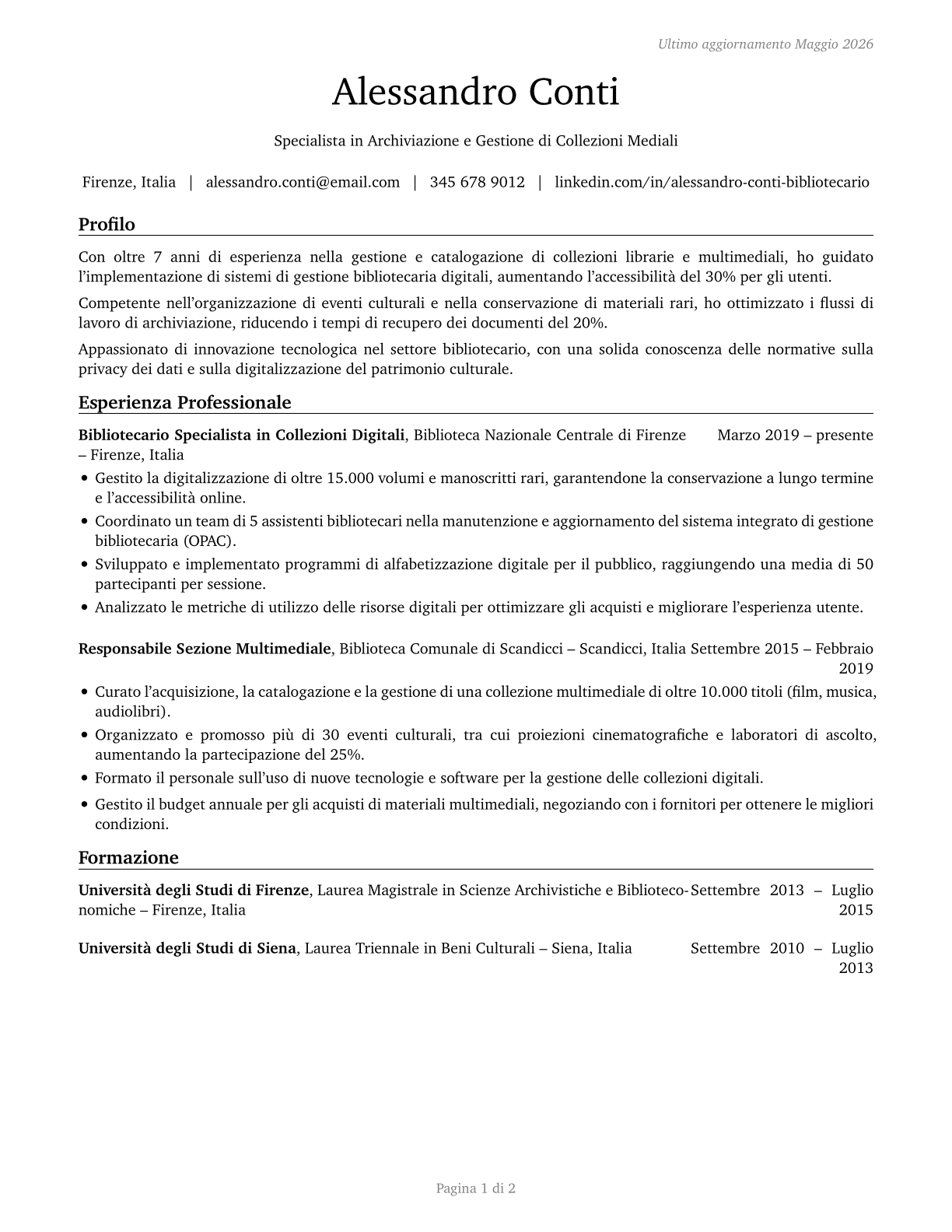 Librarians and Media Collections Specialists CV in Italian — page 1