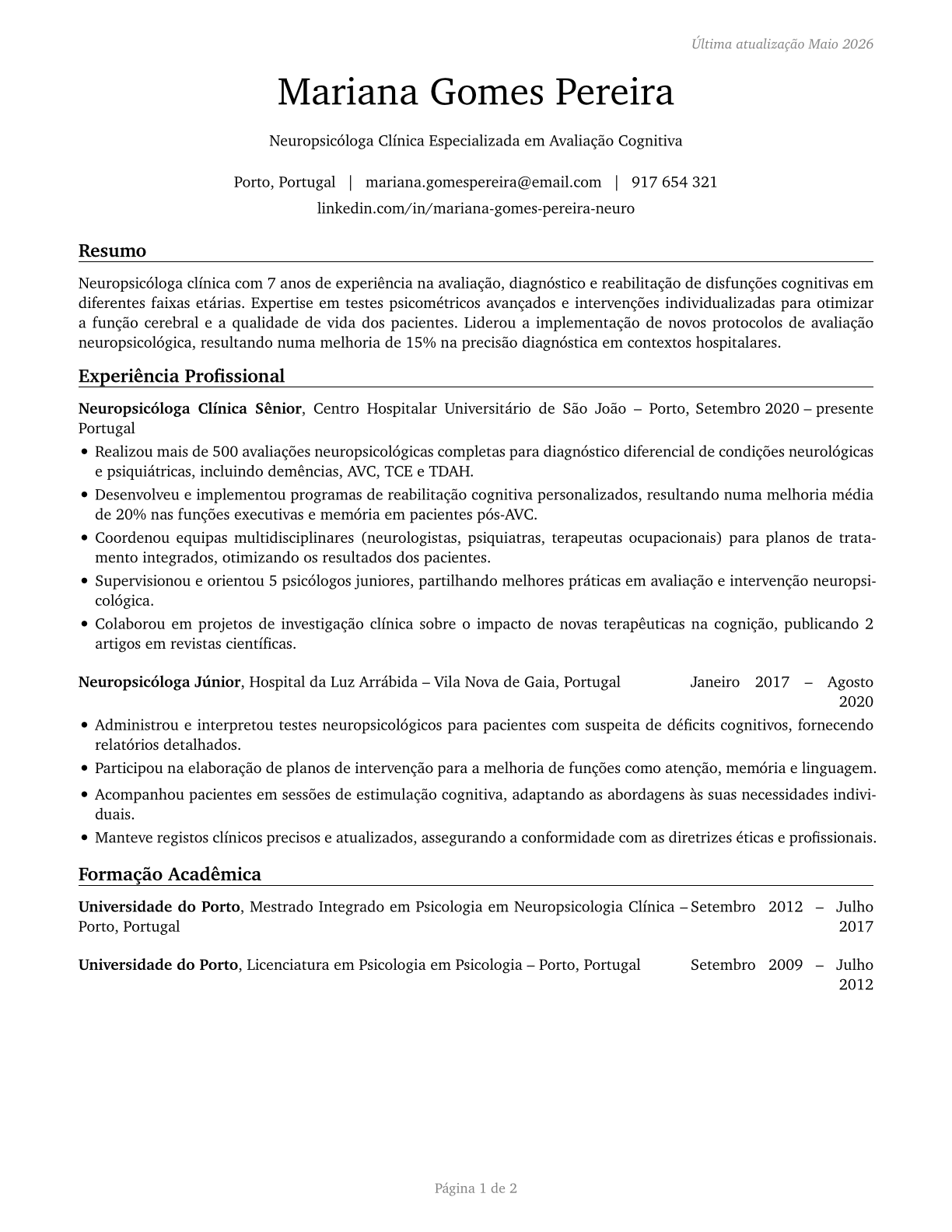 Neuropsychologists CV in Portuguese — page 1