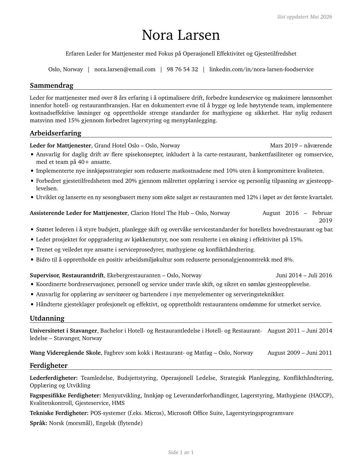 Food Service Managers CV in Norwegian_bokmal — page 1