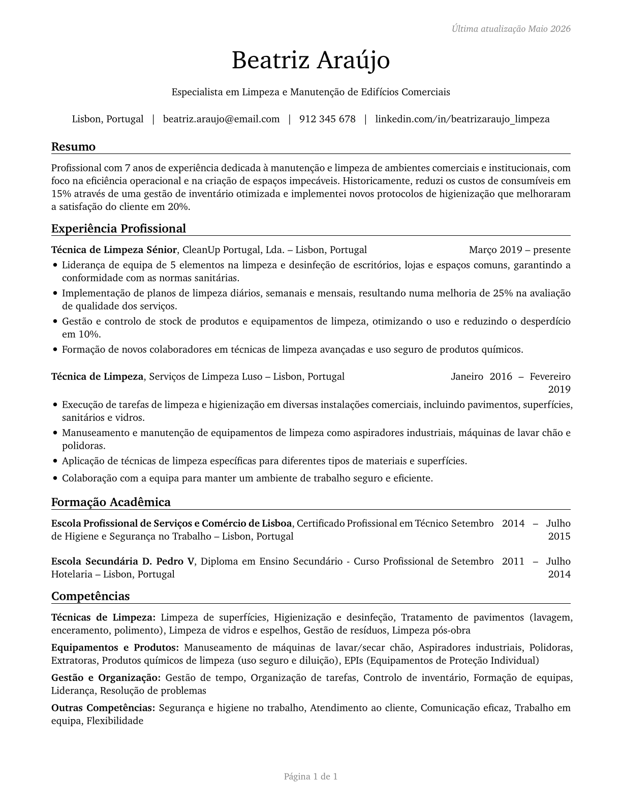 Building Cleaning Workers, All Other CV in Portuguese — page 1