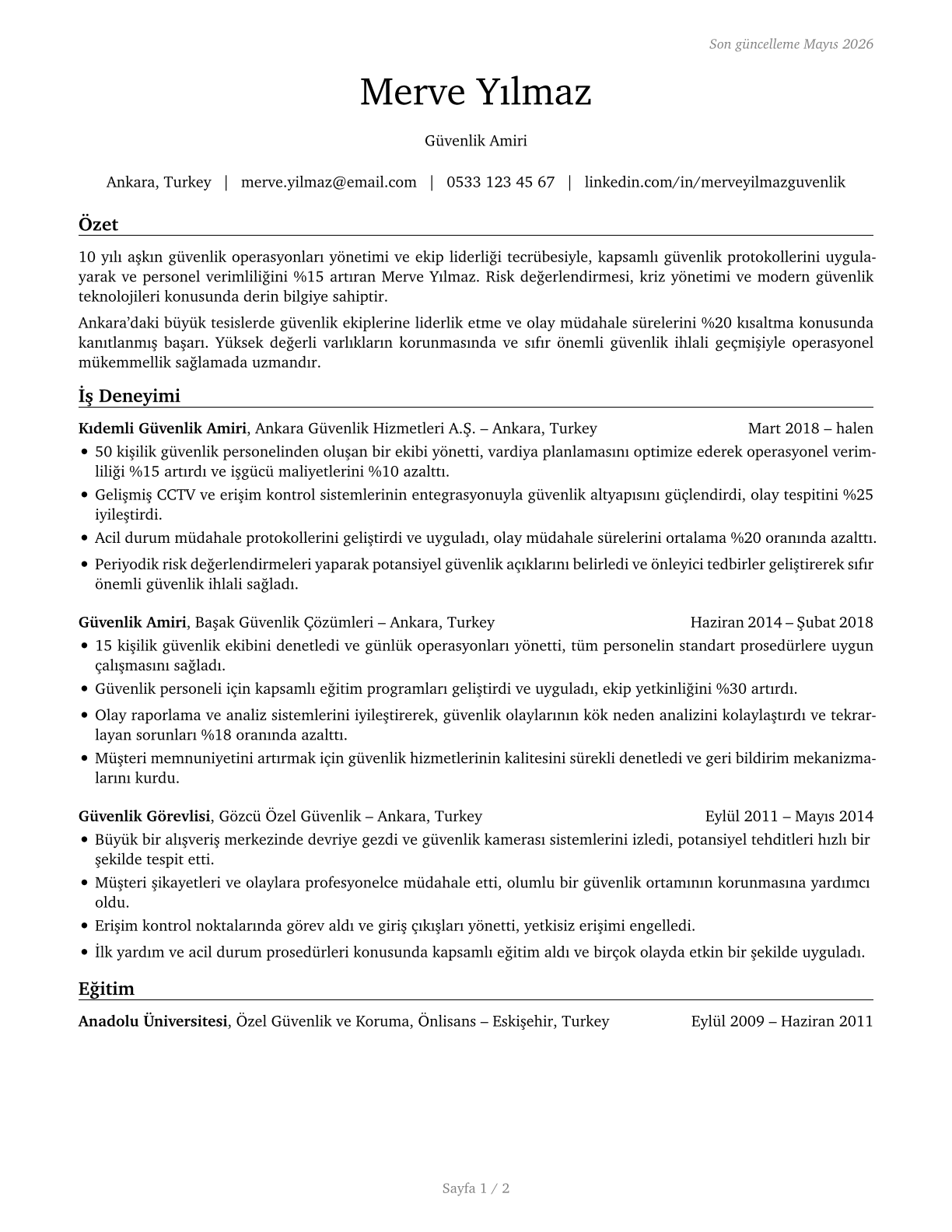 First-Line Supervisors of Security Workers CV in Turkish — page 1
