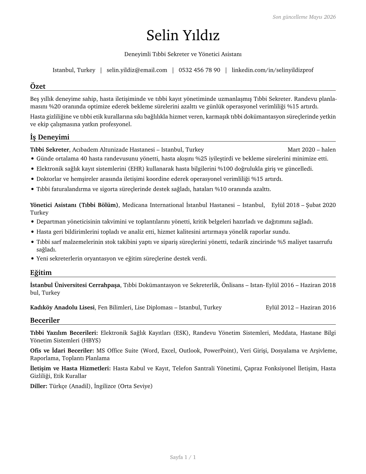 Medical Secretaries and Administrative Assistants CV in Turkish — page 1