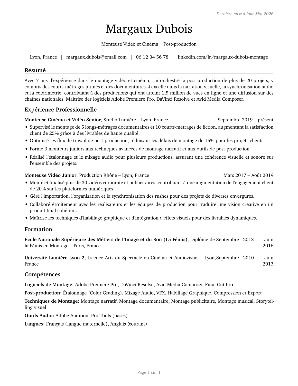 Film and Video Editors CV in French — page 1