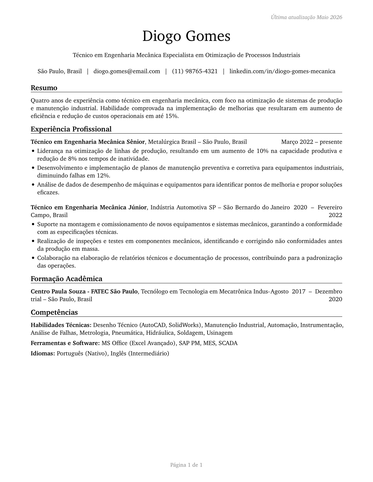 Mechanical Engineering Technologists and Technicians CV in Portuguese — page 1
