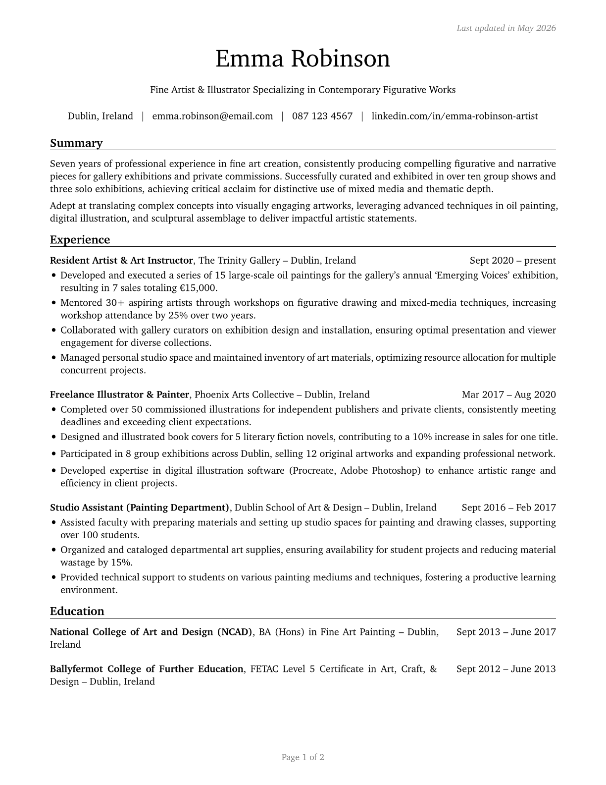 Fine Artists, Including Painters, Sculptors, and Illustrators CV in English — page 1