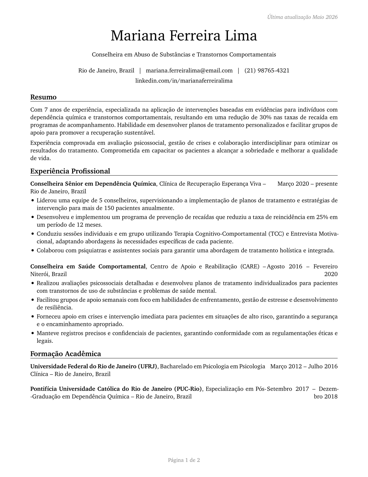Substance Abuse and Behavioral Disorder Counselors CV in Portuguese — page 1