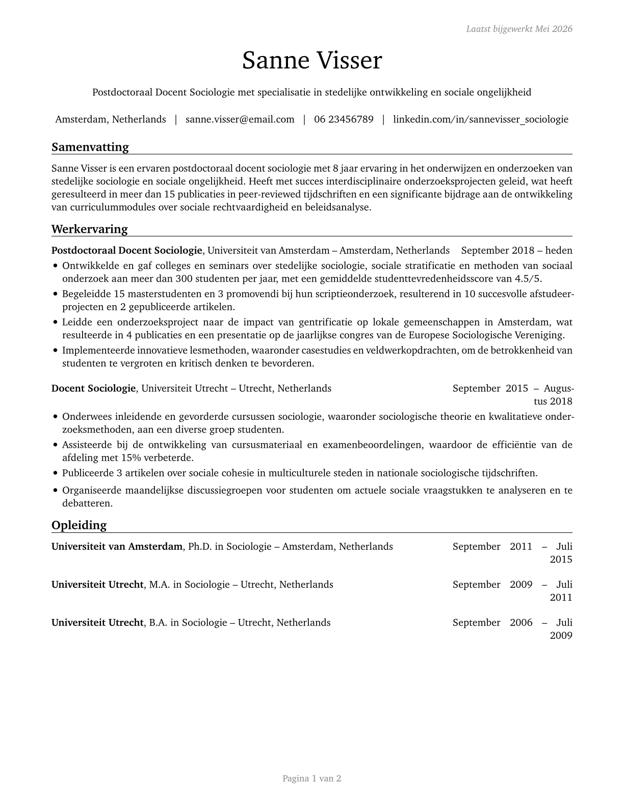 Sociology Teachers, Postsecondary CV in Dutch — page 1
