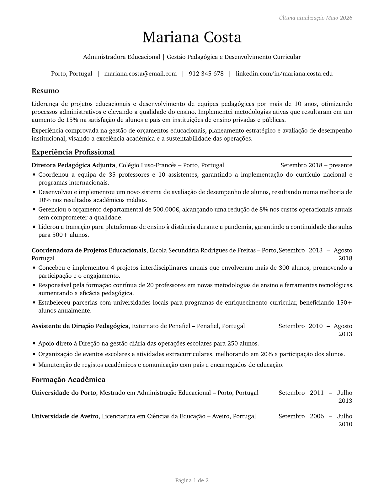 Education Administrators, All Other CV in Portuguese — page 1