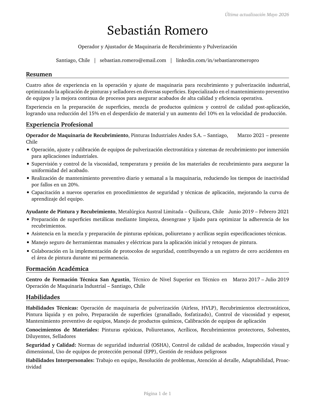 Coating, Painting, and Spraying Machine Setters, Operators, and Tenders CV in Spanish — page 1