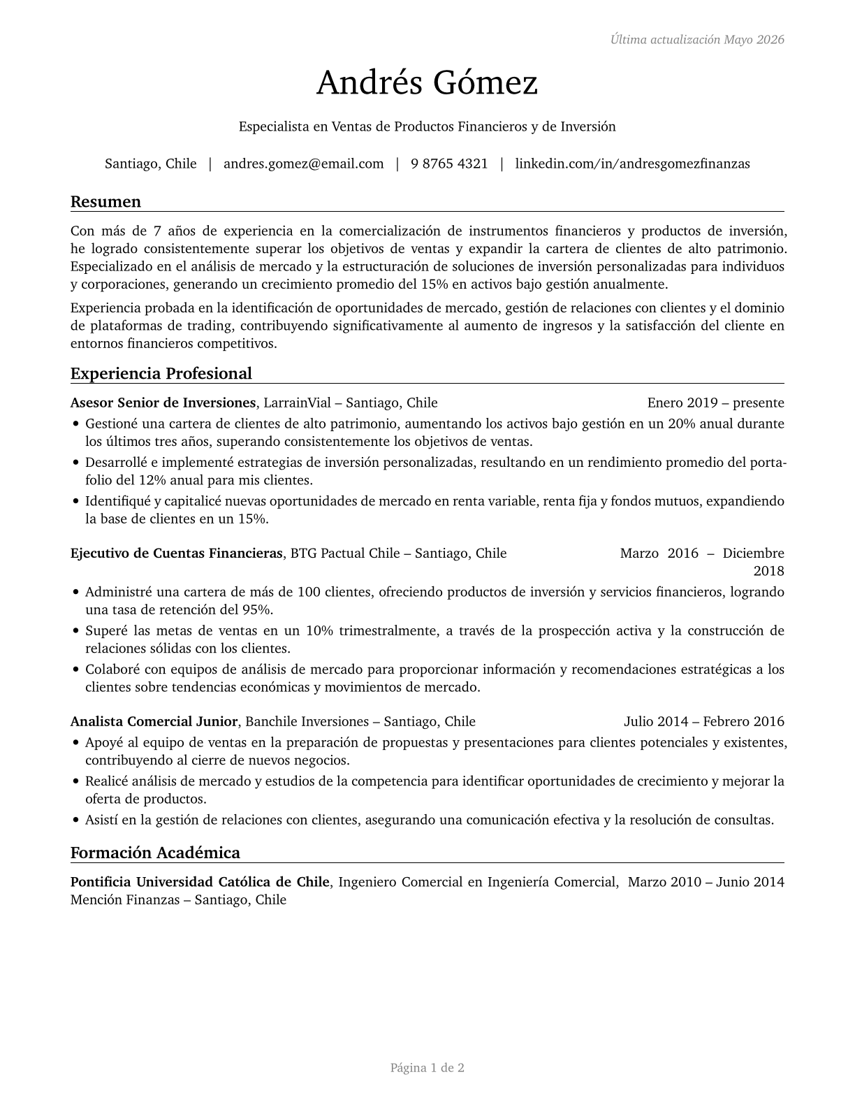 Securities, Commodities, and Financial Services Sales Agents CV in Spanish — page 1