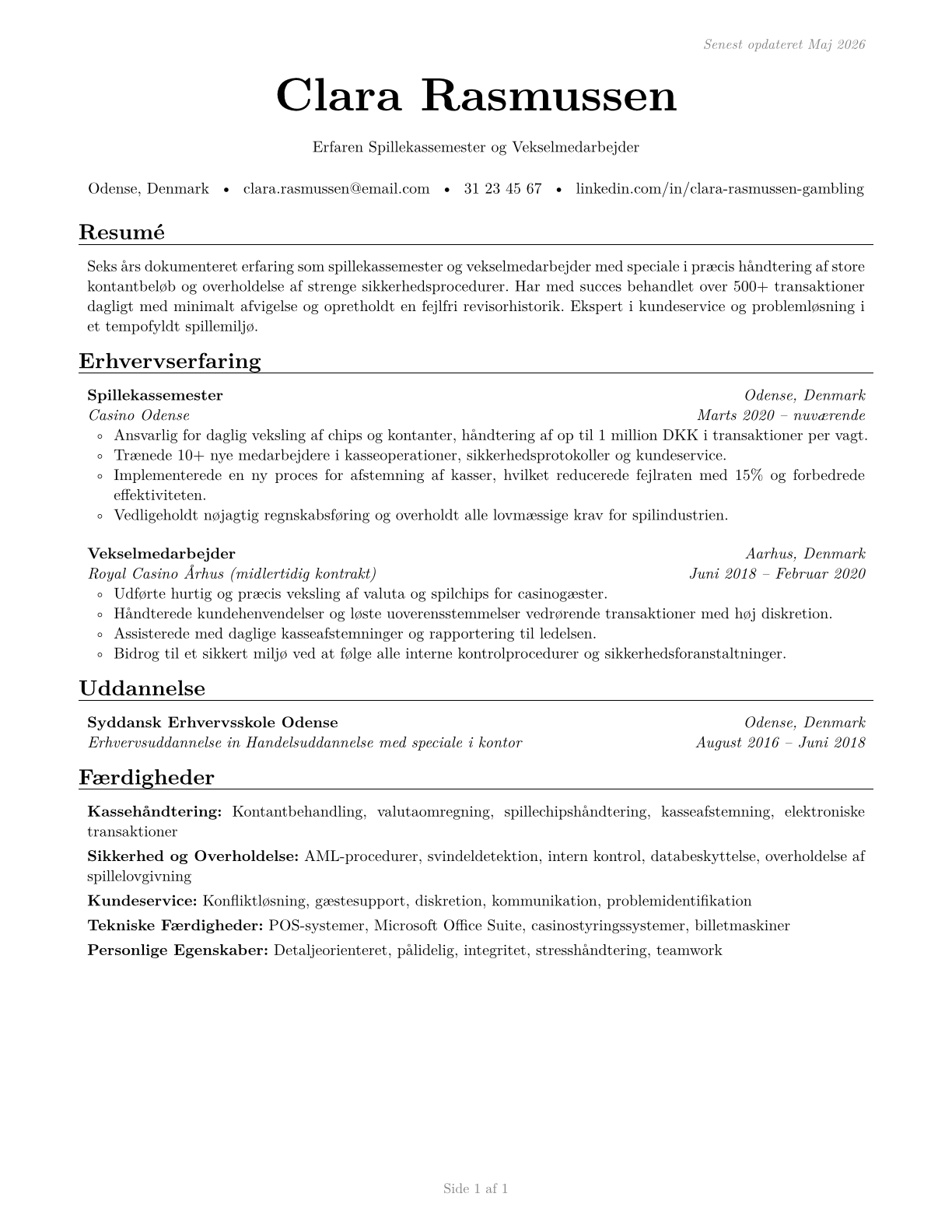 Gambling Change Persons and Booth Cashiers CV in Danish — page 1