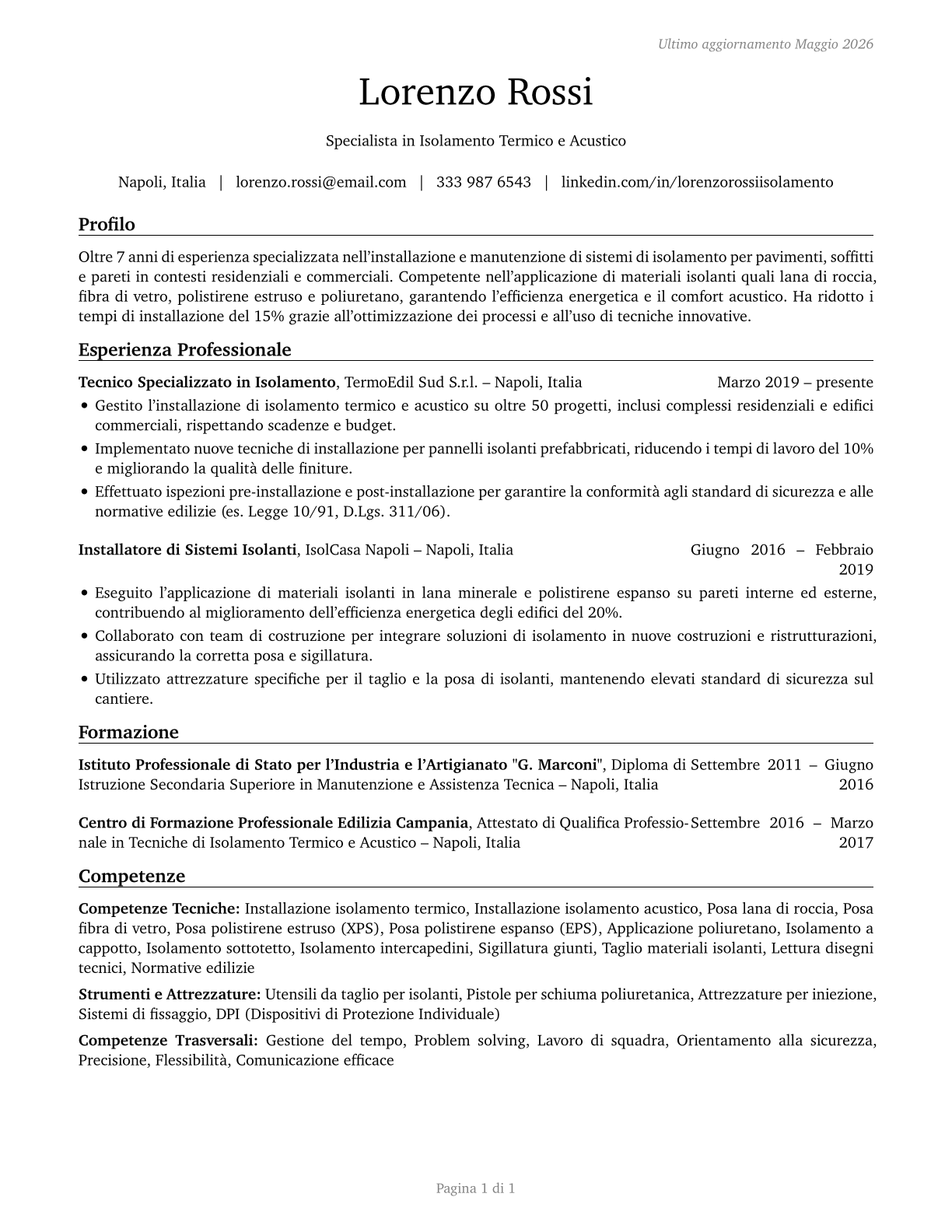 Insulation Workers, Floor, Ceiling, and Wall CV in Italian — page 1