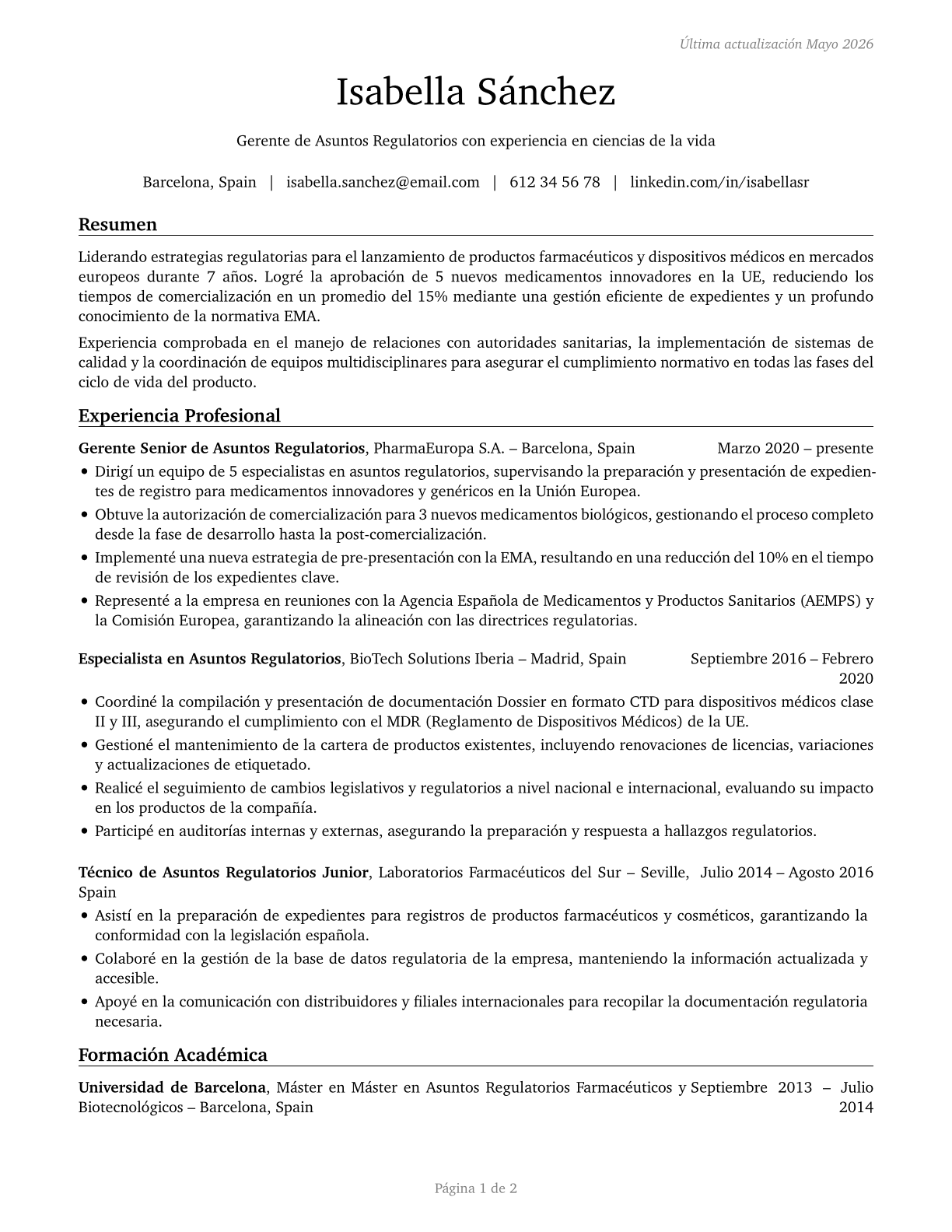 Regulatory Affairs Managers CV in Spanish — page 1