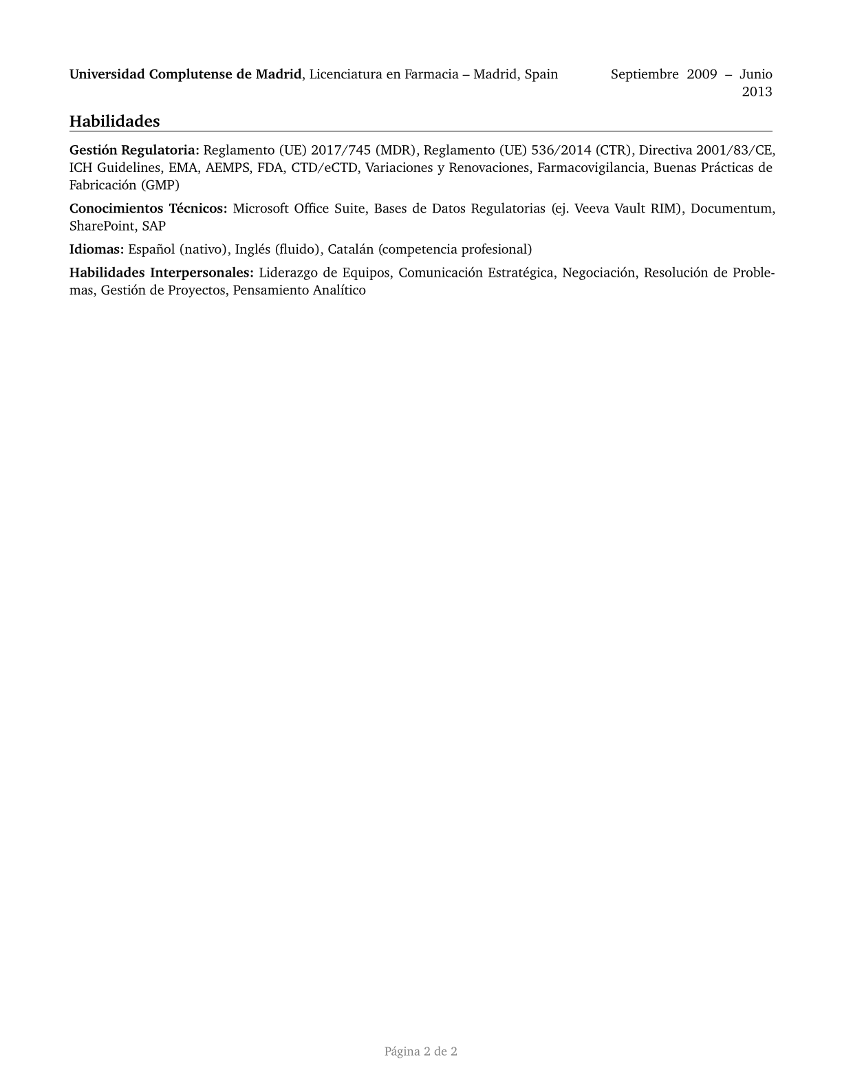 Regulatory Affairs Managers CV in Spanish — page 2
