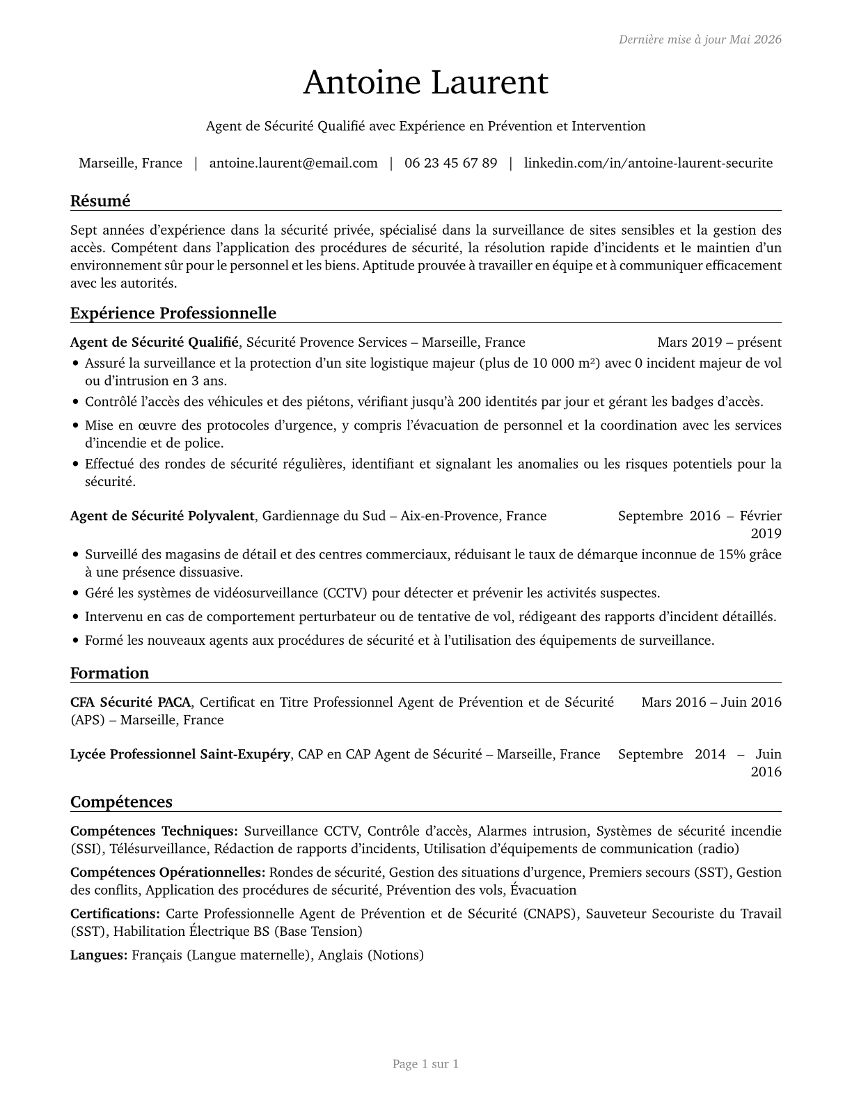 Security Guards CV in French — page 1