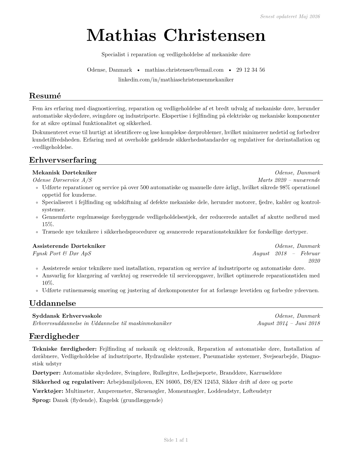 Mechanical Door Repairers CV in Danish — page 1