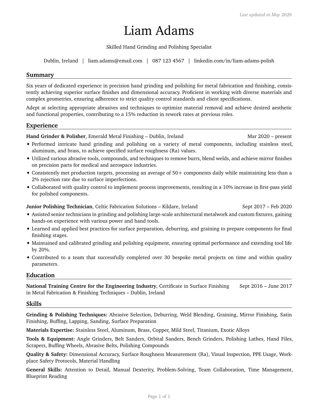 Grinding and Polishing Workers, Hand CV in English — page 1
