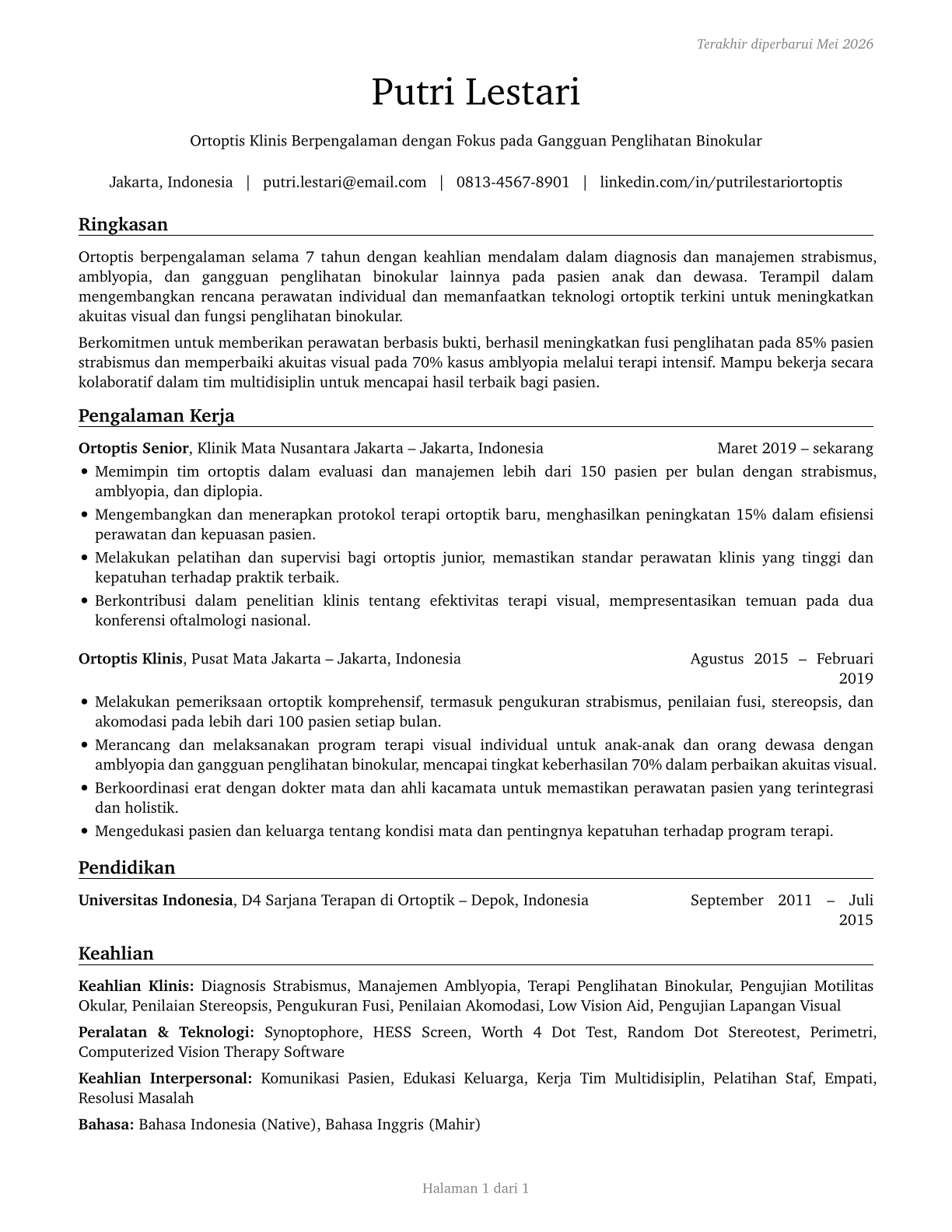 Orthoptists CV in Indonesian — page 1