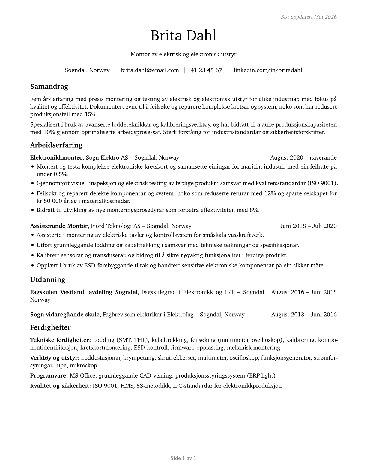 Electrical and Electronic Equipment Assemblers CV in Norwegian_nynorsk — page 1