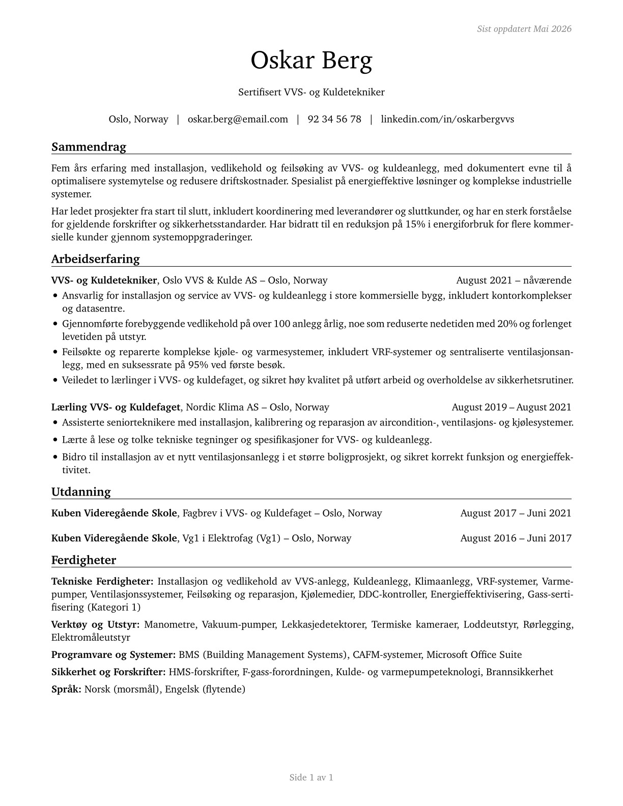 Heating, Air Conditioning, and Refrigeration Mechanics and Installers CV in Norwegian_bokmal — page 1