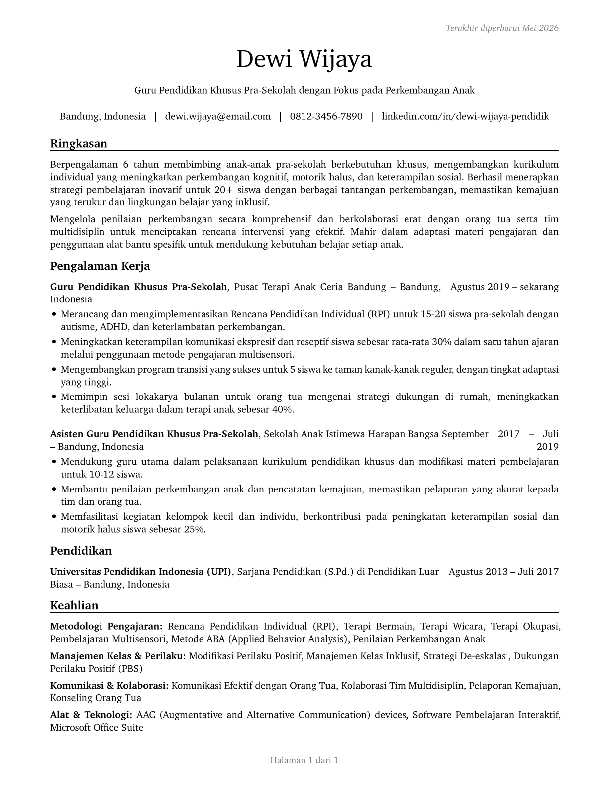 Special Education Teachers, Preschool CV in Indonesian — page 1