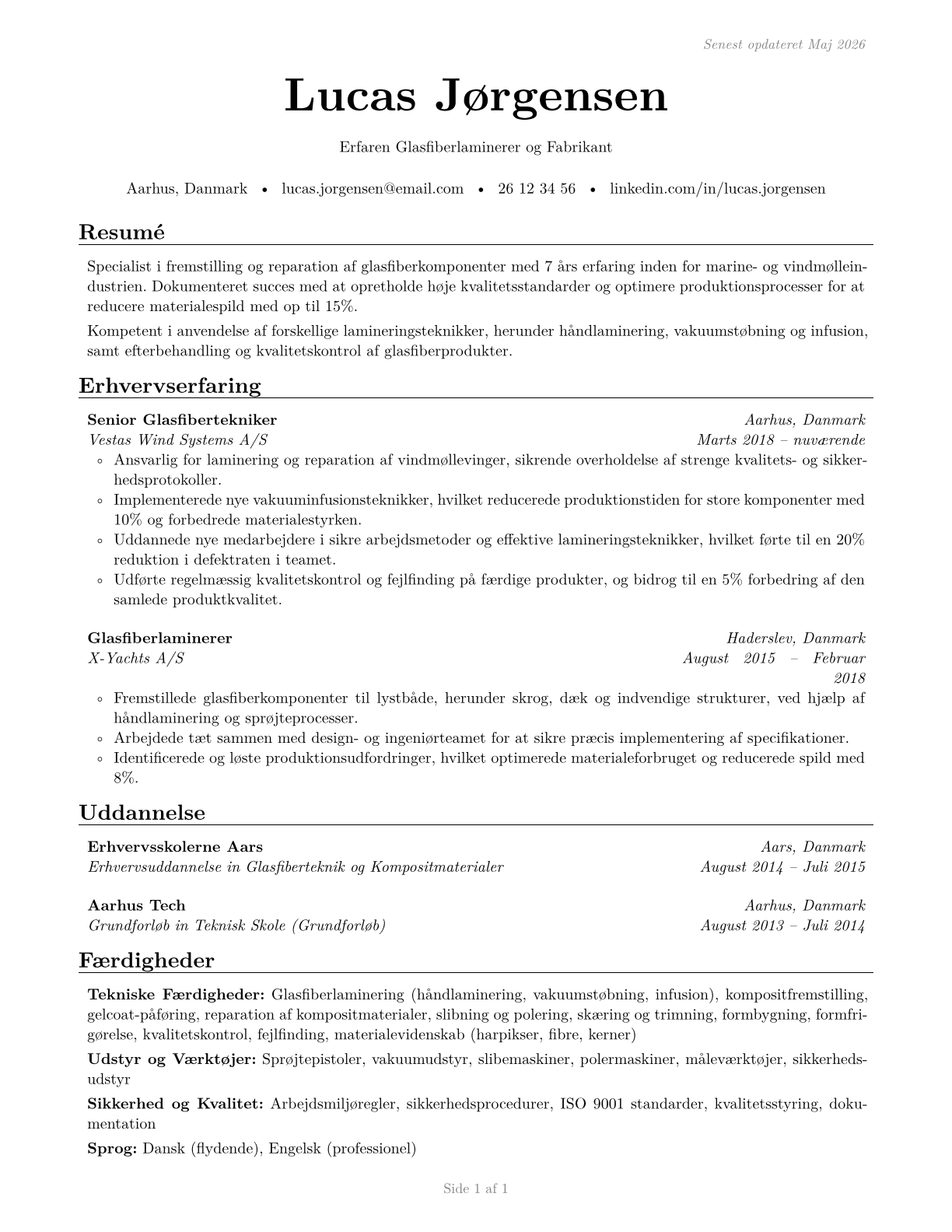 Fiberglass Laminators and Fabricators CV in Danish — page 1