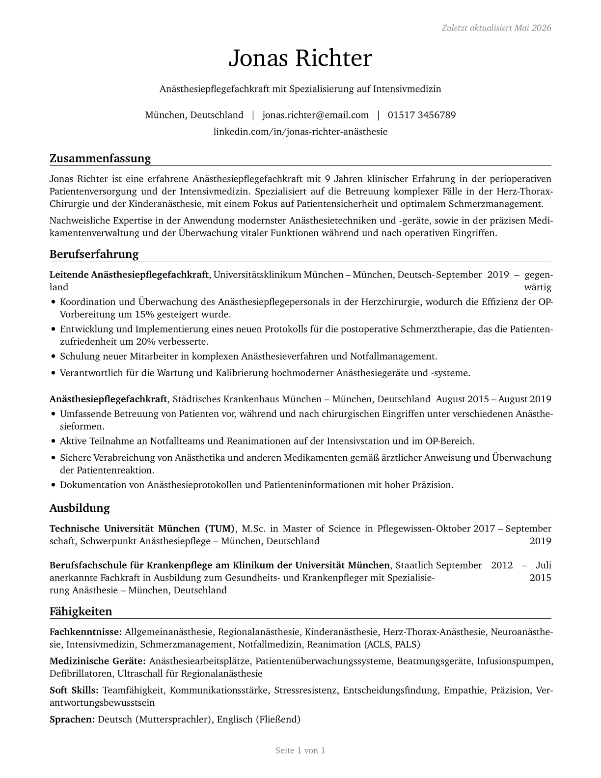 Nurse Anesthetists CV in German — page 1