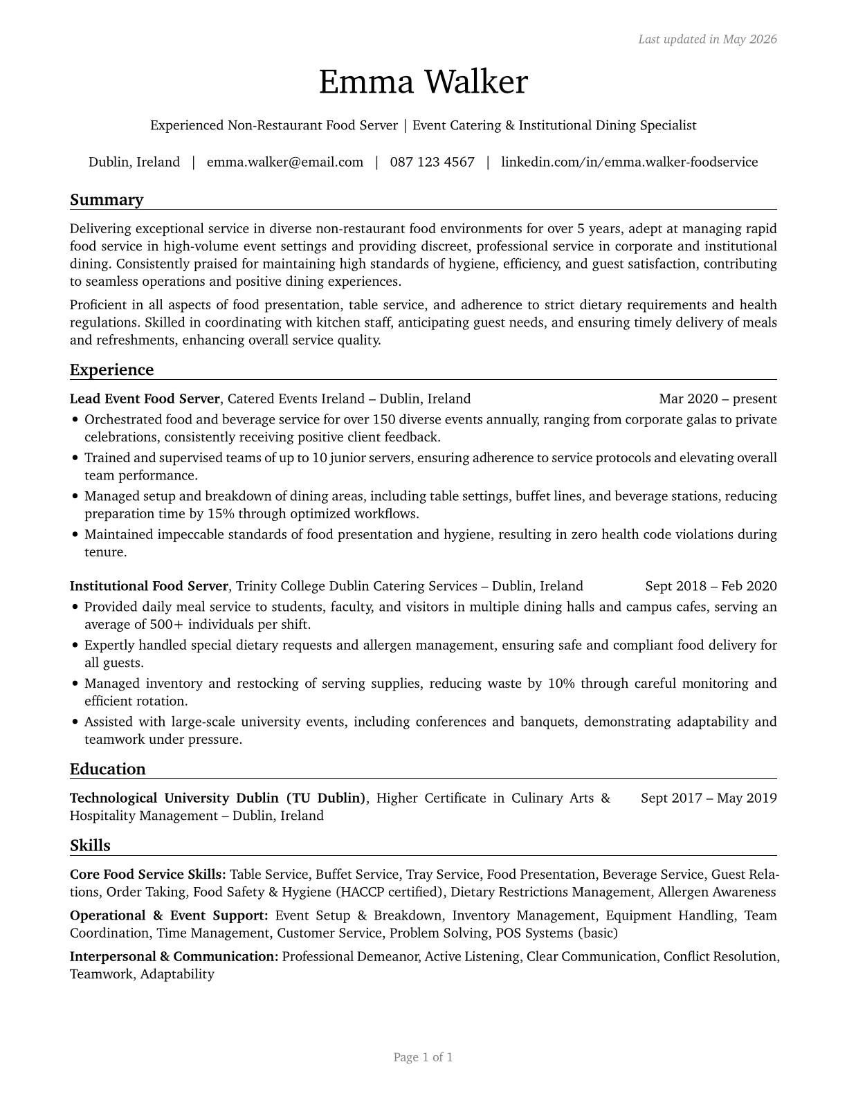 Food Servers, Nonrestaurant CV in English — page 1