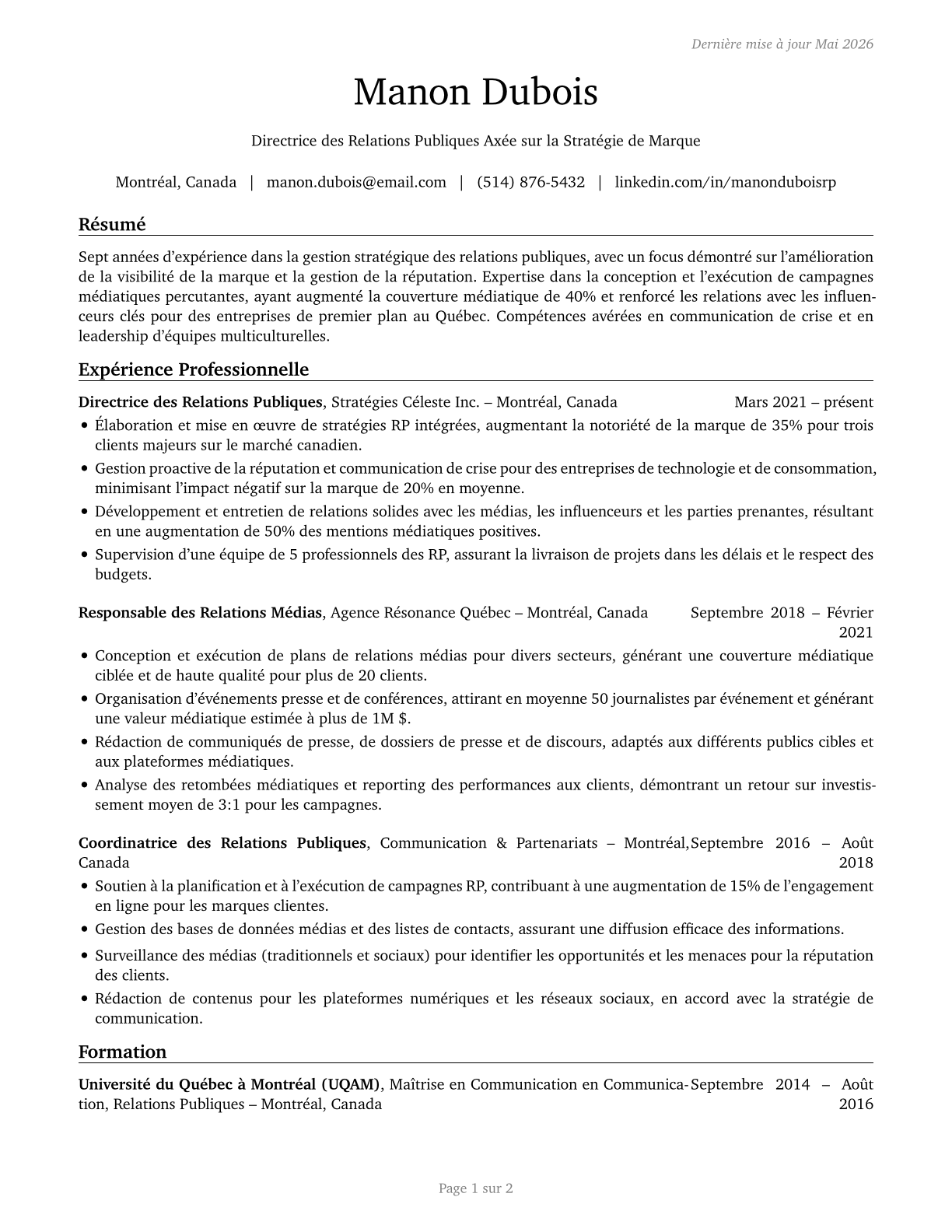 Public Relations Managers CV in French — page 1