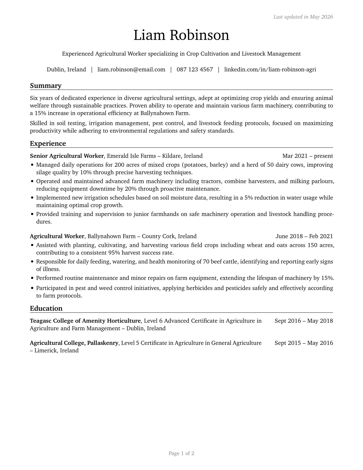 Agricultural Workers, All Other CV in English — page 1