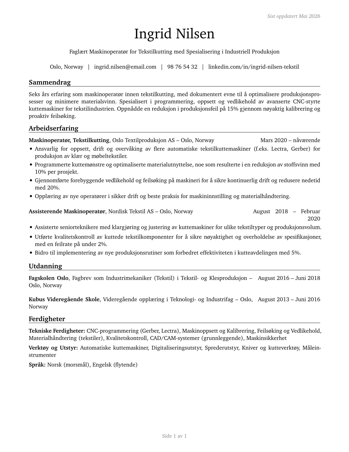 Textile Cutting Machine Setters, Operators, and Tenders CV in Norwegian_bokmal — page 1