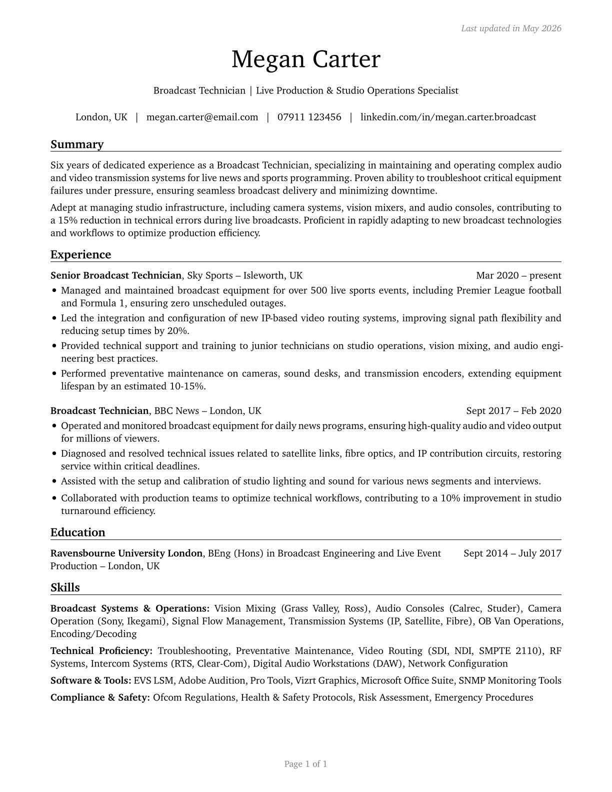 Broadcast Technicians CV in English — page 1