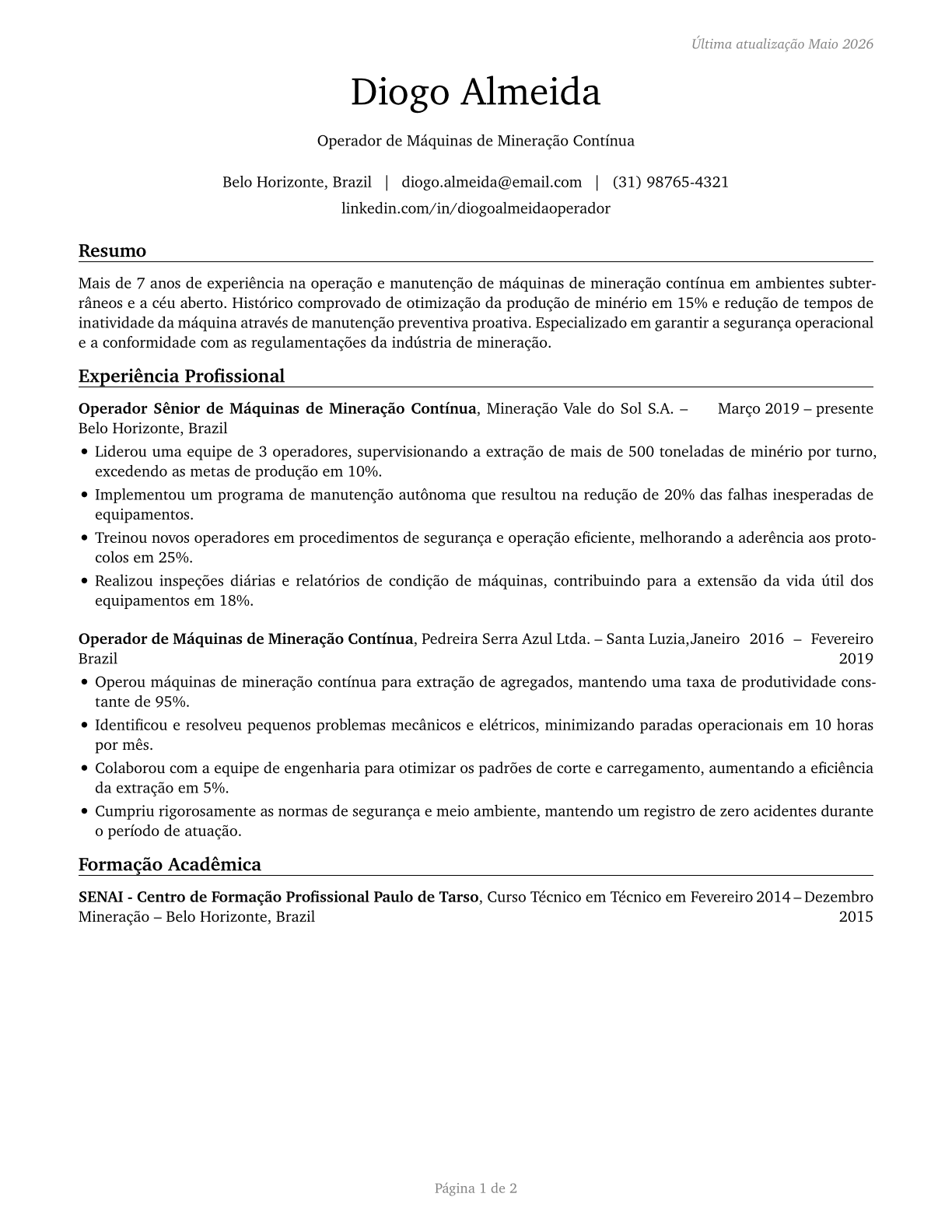 Continuous Mining Machine Operators CV in Portuguese — page 1