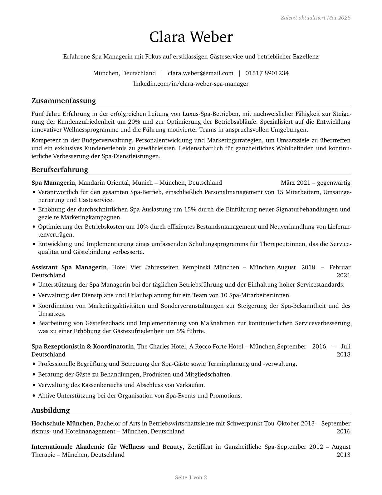 Spa Managers CV in German — page 1