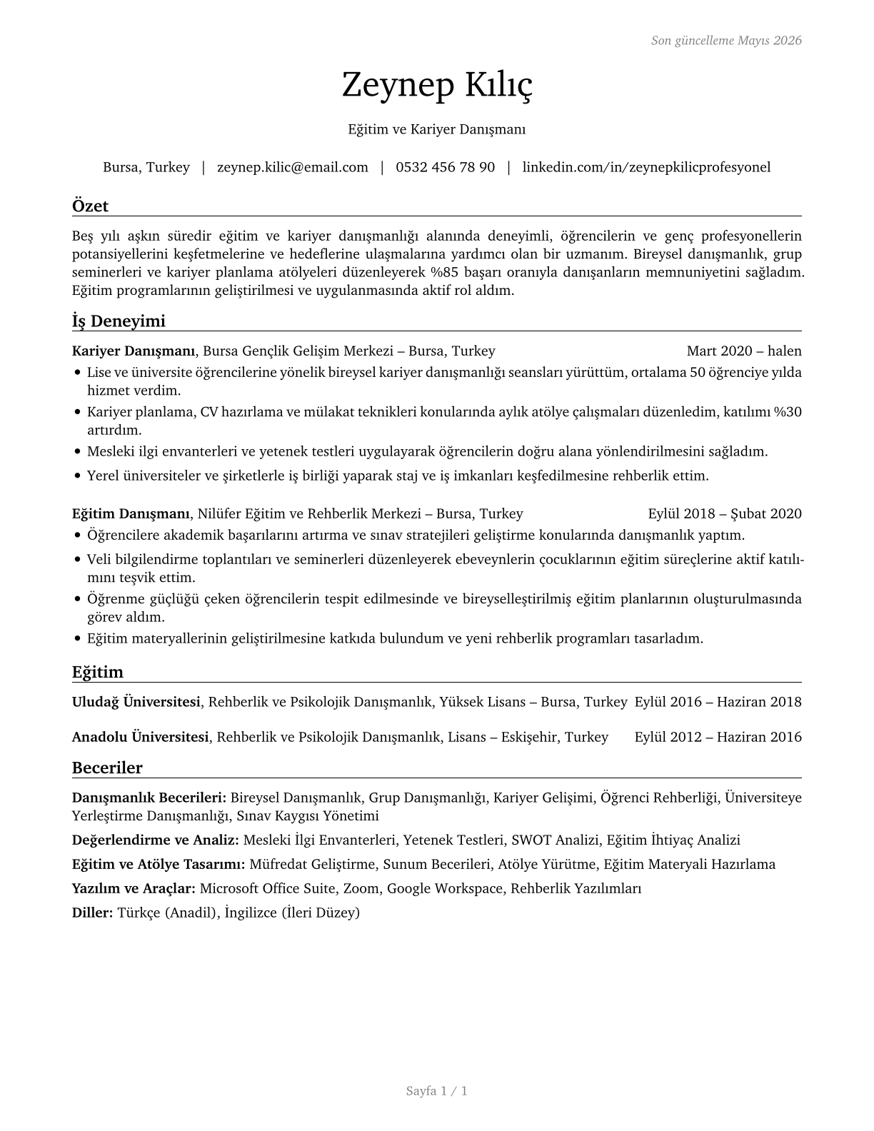 Educational, Guidance, and Career Counselors and Advisors CV in Turkish — page 1