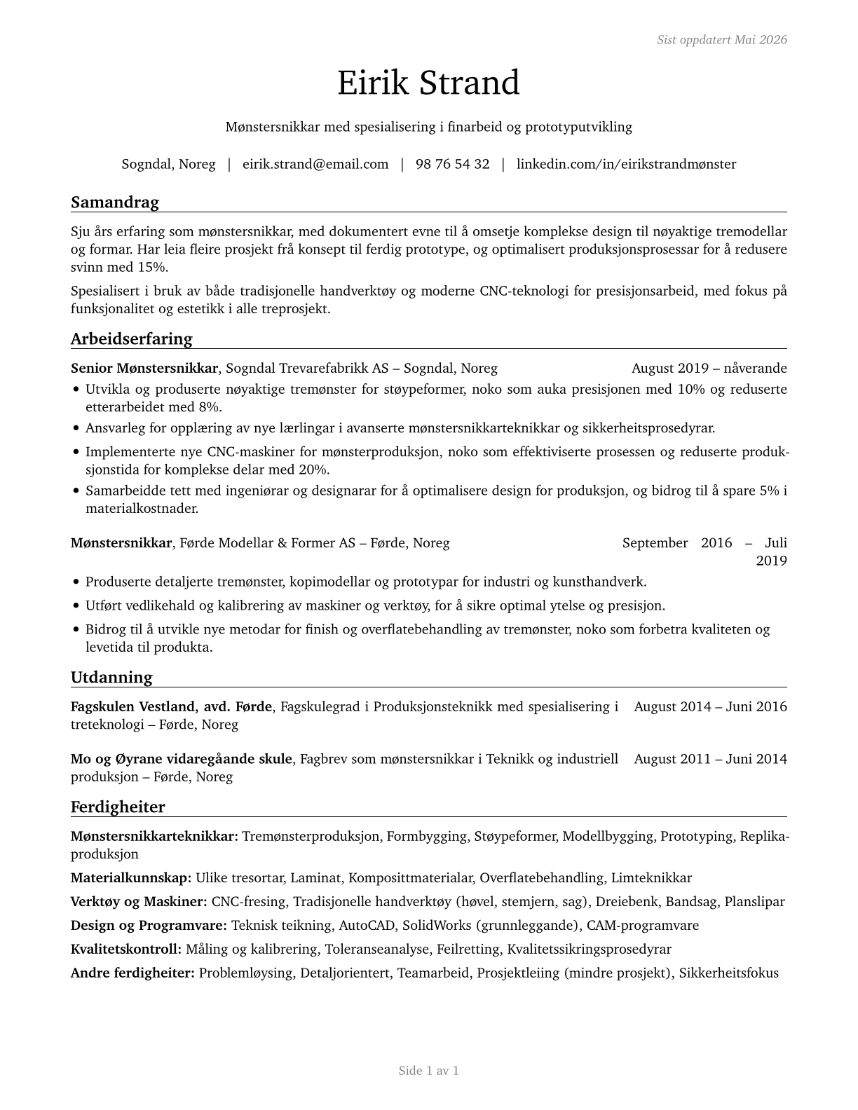 Patternmakers, Wood CV in Norwegian_nynorsk — page 1