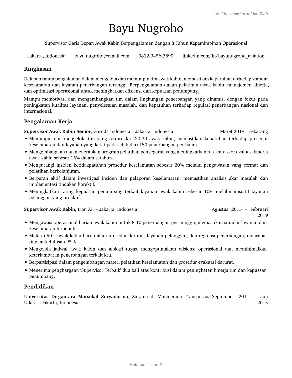 First-Line Supervisors of Air Crew Members CV in Indonesian — page 1