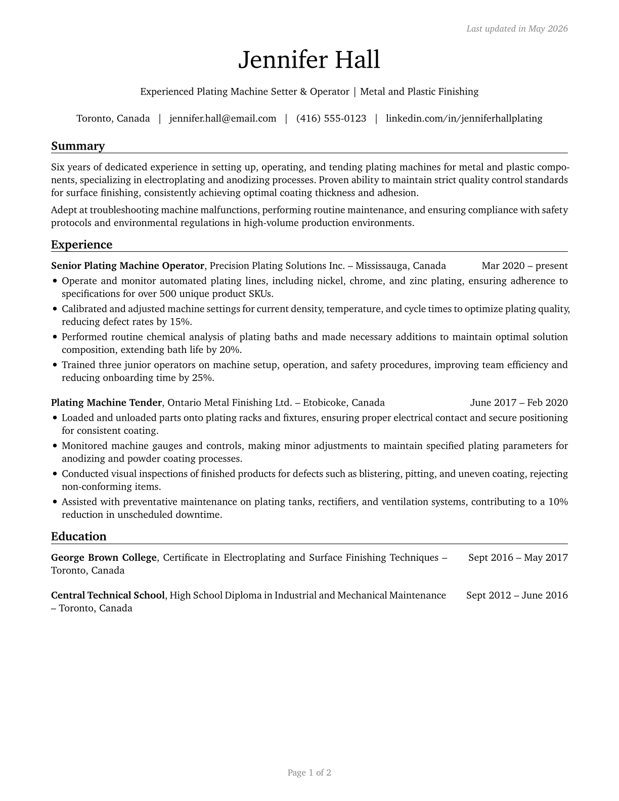 Plating Machine Setters, Operators, and Tenders, Metal and Plastic CV in English — page 1