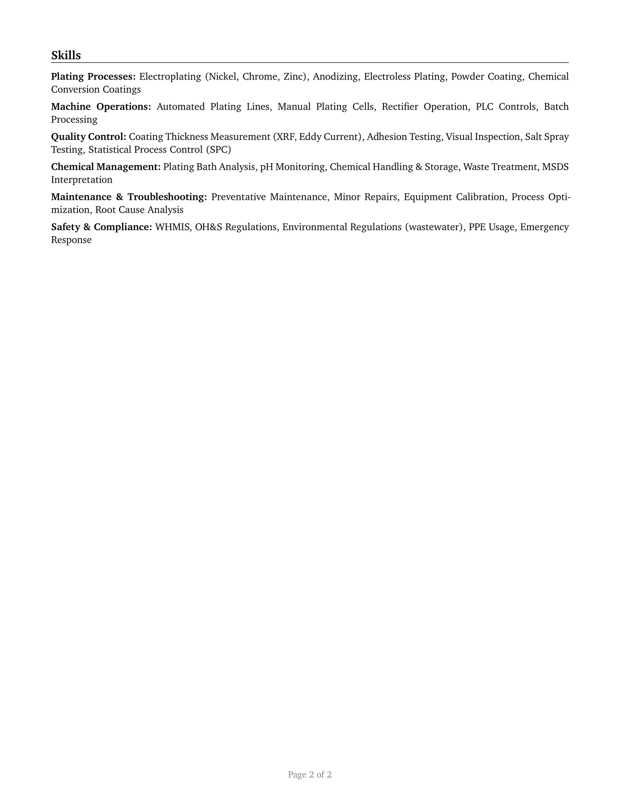 Plating Machine Setters, Operators, and Tenders, Metal and Plastic CV in English — page 2