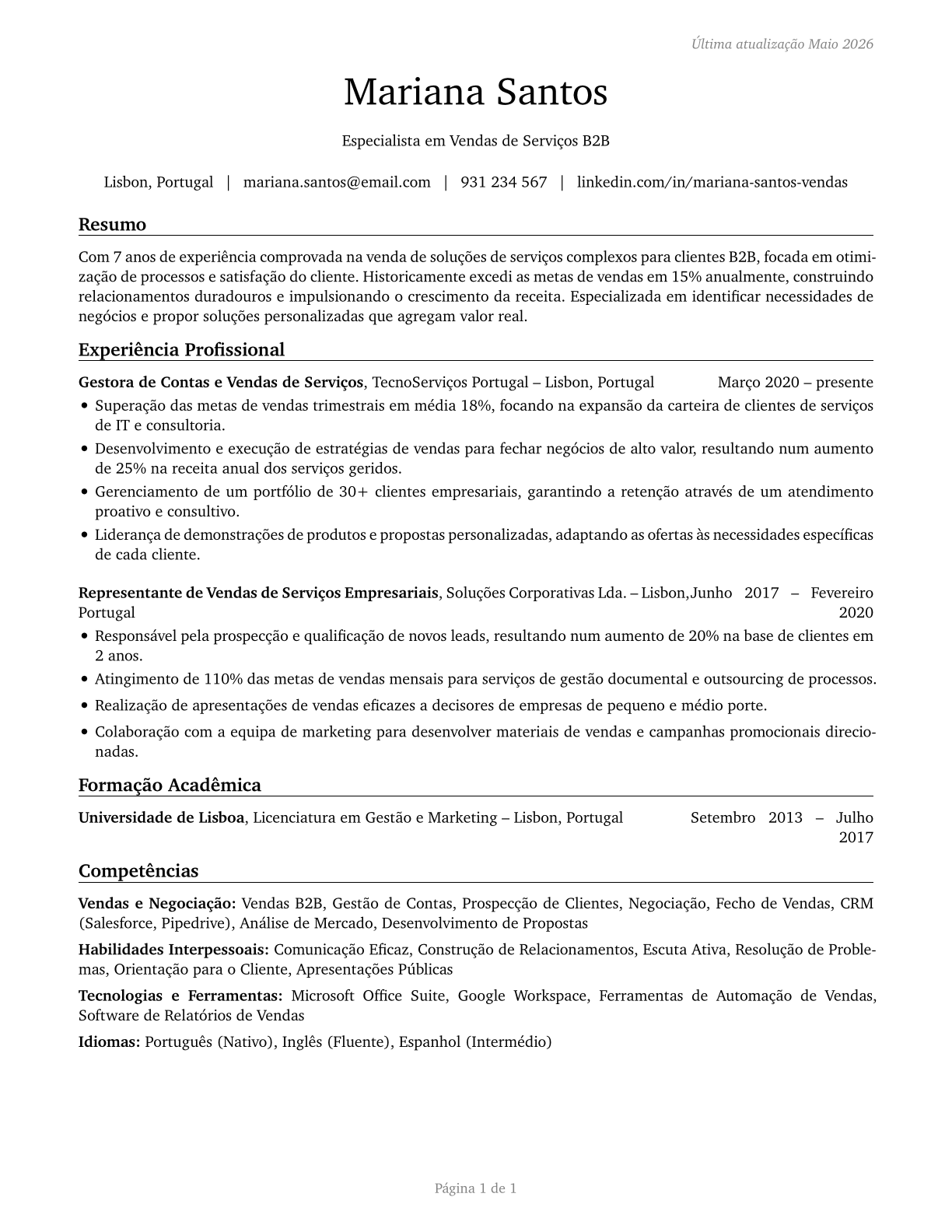 Sales Representatives of Services, Except Advertising, Insurance, Financial Services, and Travel CV in Portuguese — page 1